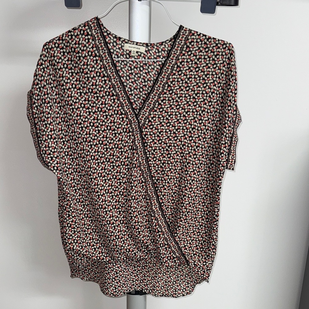 Max Studio Black Mauve and Cream Floral Faux Wrap Blouse